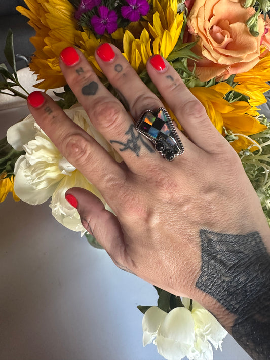 Checkered Bolt Sterling Silver Adjustable Ring