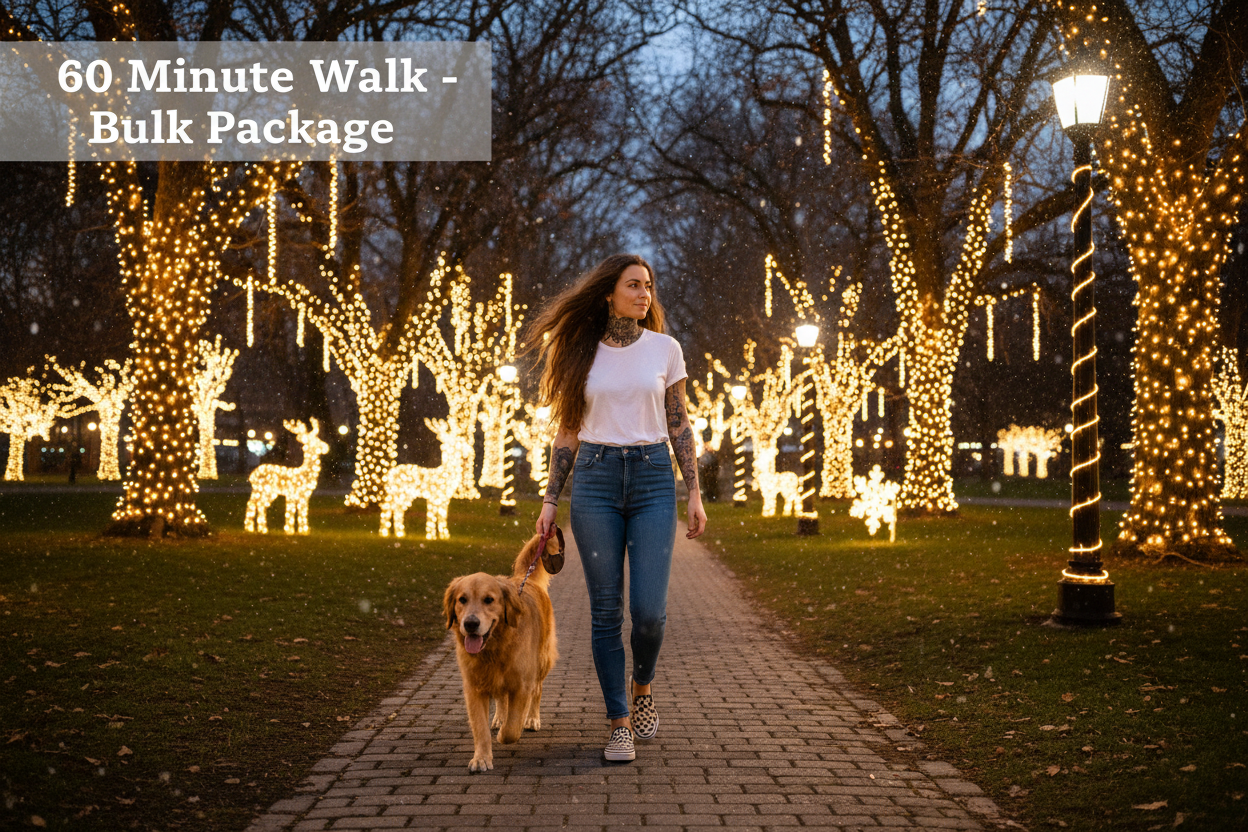 girl brown hair tattoos checkerd vans jeans not ripped white trshit walking dog at park with christmas lights saying 60 minute walk-bulk package