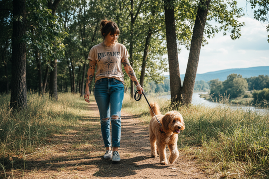 girl with checkered vans and jeans on walking a golden doodle dog, has tattoos