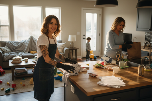 girl with tattoos and brown hair with apron and black gloves helping tidy up a living room and kitche for another mother