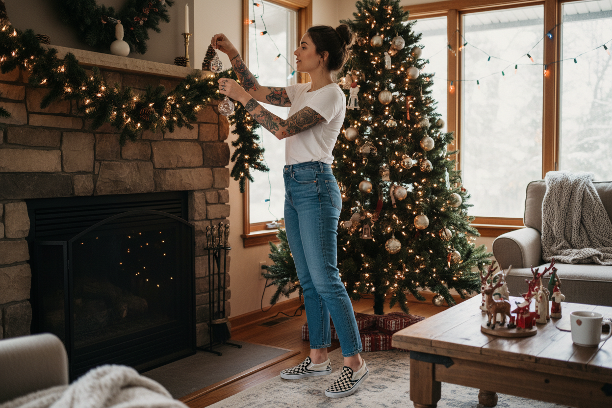 girl with tattoos white rshirt not ripped jeans checkered vans helping around the house put up holida decorations