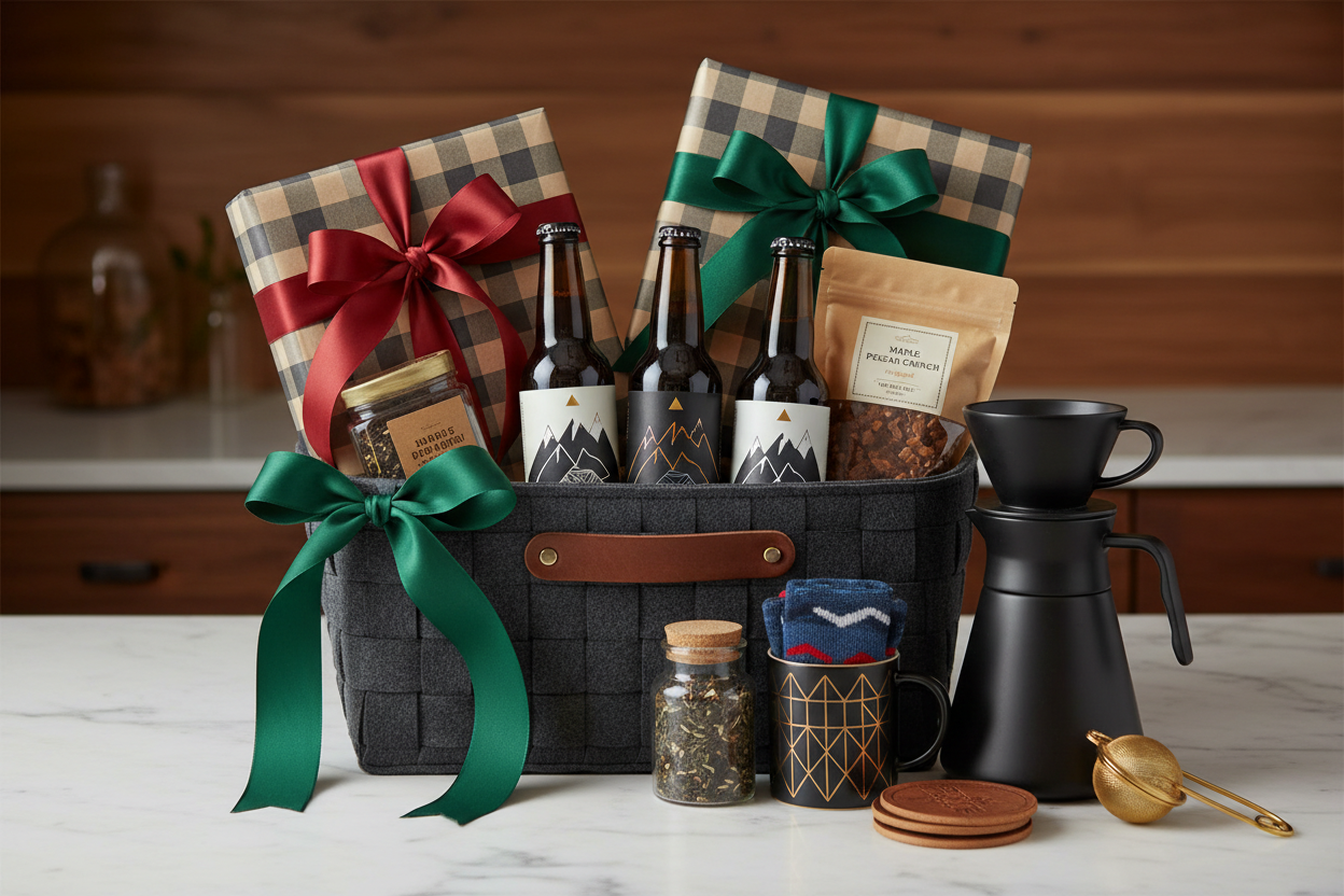 a gift basket with fun items made aesthetically pleasing for someone in their 30s, checkerd gift wrap christmas bows, bottle beer, etc