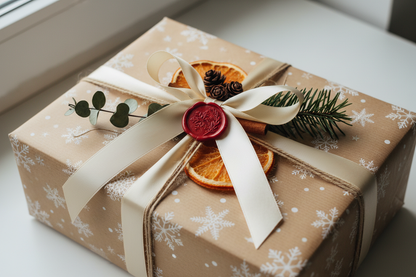 ad on preoim wrapping services, show a packafge with brown paper with white snowflakes on it and gorgeous wrappin ggarnishes to make it extra premium
