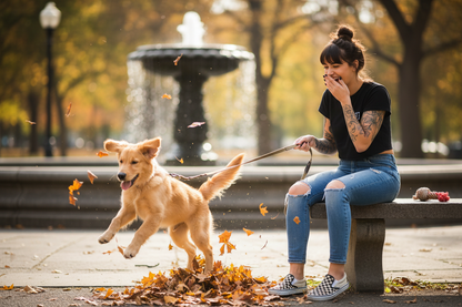 an image of a dog obvciously a puppy doing something crazy and being watched after by a girl with tattoos and jeans and checjered vabns