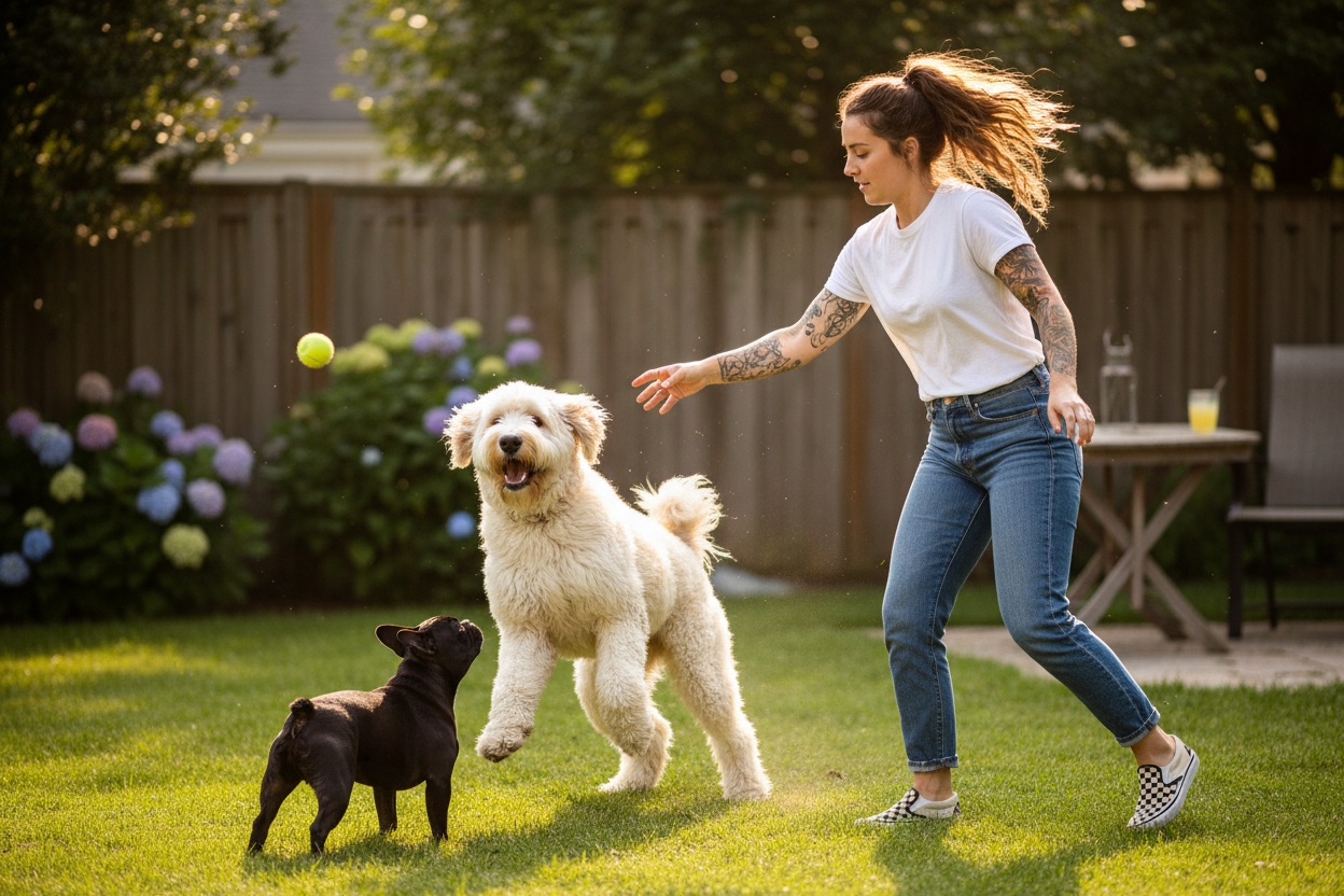 girl in backyard with large great pyranese golden doodle and small black frenchie throwing balln with jeans white tshirt checkered vans and tattoos and brown hair