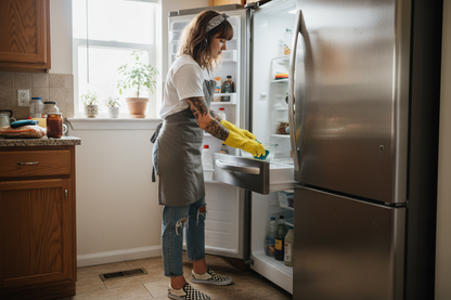 girl in checkerd vans and jeans white tshirt wearing gloves and apron cleanin gout fridge with tattoos brown hair