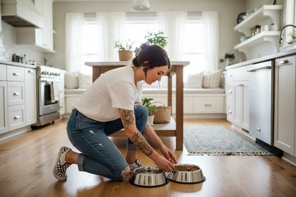 girl in jeans and a white tshirt and checkered vans setting up water and food for dogs in a familys kitchen she has tattoos and brown hair