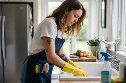 girl in jeans and white tshirt with tattoos brown hair checkered vans and and apronb and gloves doing residental cleaning 