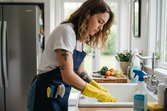 girl in jeans and white tshirt with tattoos brown hair checkered vans and and apronb and gloves doing residental cleaning 