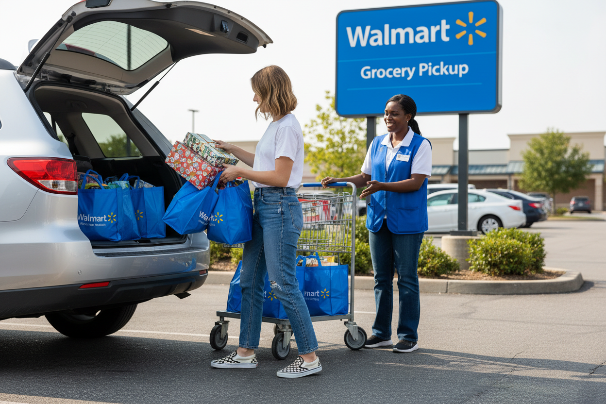 girl in white tshirt jeans and checkerd vans pickiup up an already prepared order of grocerys and gifts at walmart