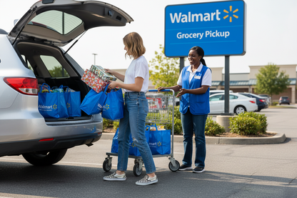 girl in white tshirt jeans and checkerd vans pickiup up an already prepared order of grocerys and gifts at walmart