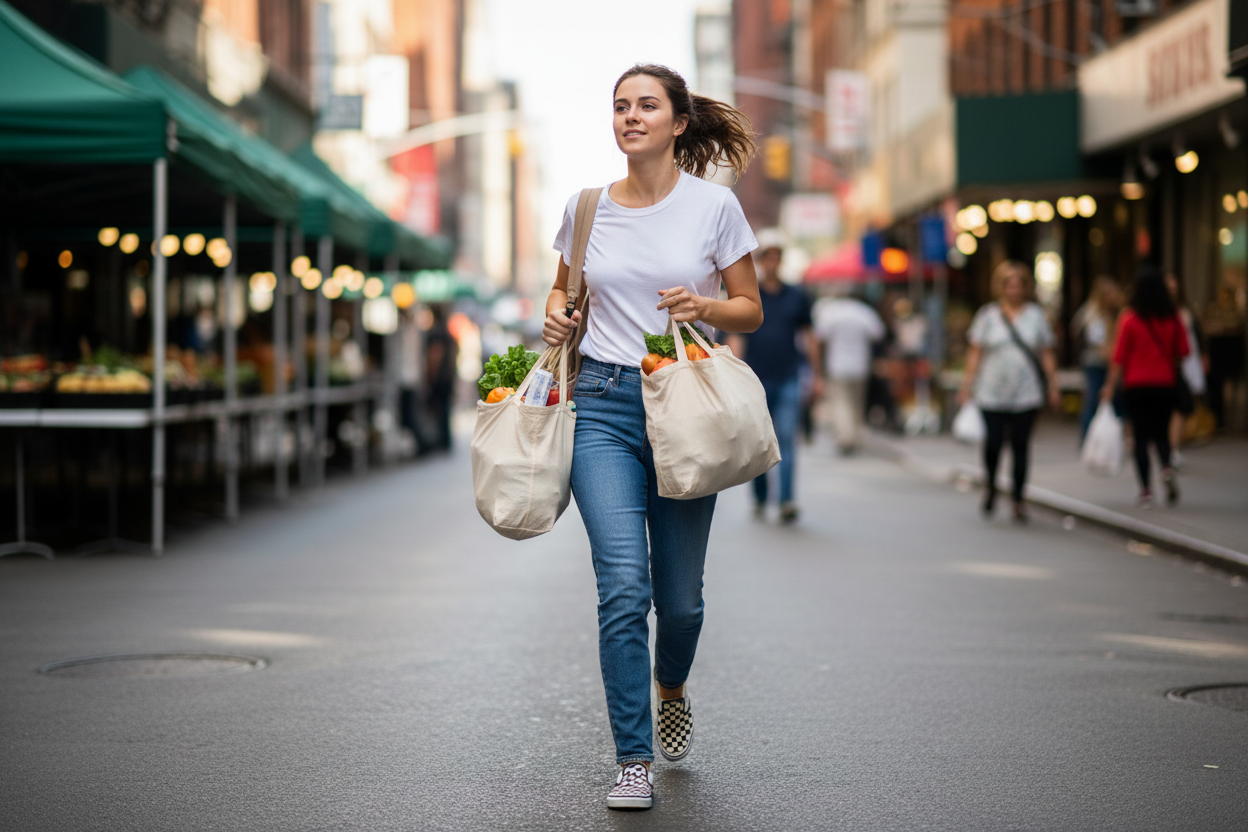 girl running errends shite shirt not ripped jeans checkerd vans