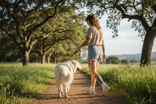 girl with jeans shorts and checkered vans walking great pyranese she has tattoos brown hair 