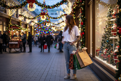 girl with tattoos brown hair jeans checked vans white shirt doing chrismas shopping for client