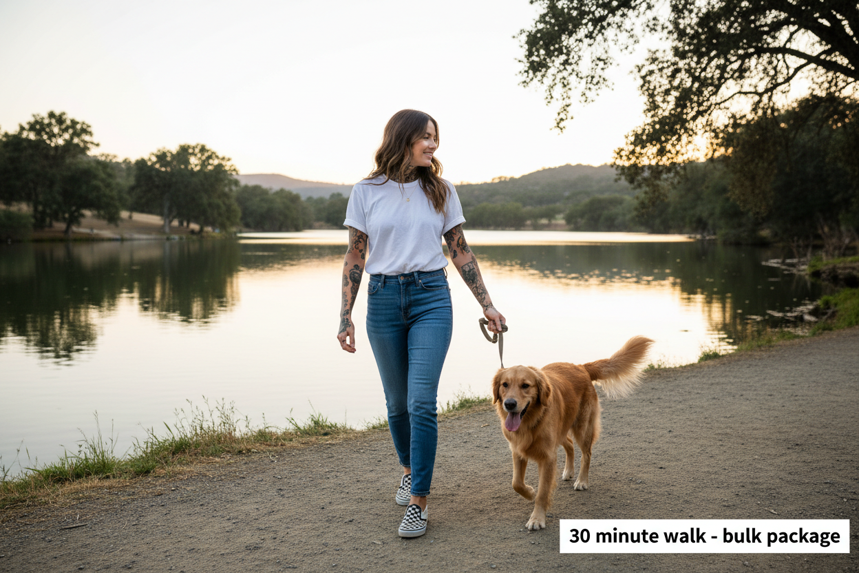 girl with tattoos brown hair white trshirt not ripped jeans checkerd vans walking dog by atascadero lake with text in bottom right corner 30 minute walk-bulk package 