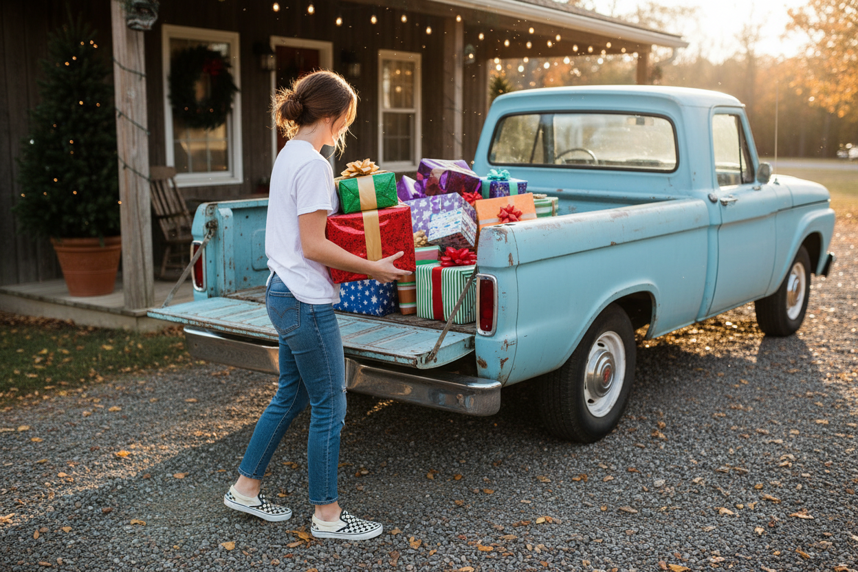 image of girl in white shirt jeans checkered vans loading presentsin to teh back of a truck
