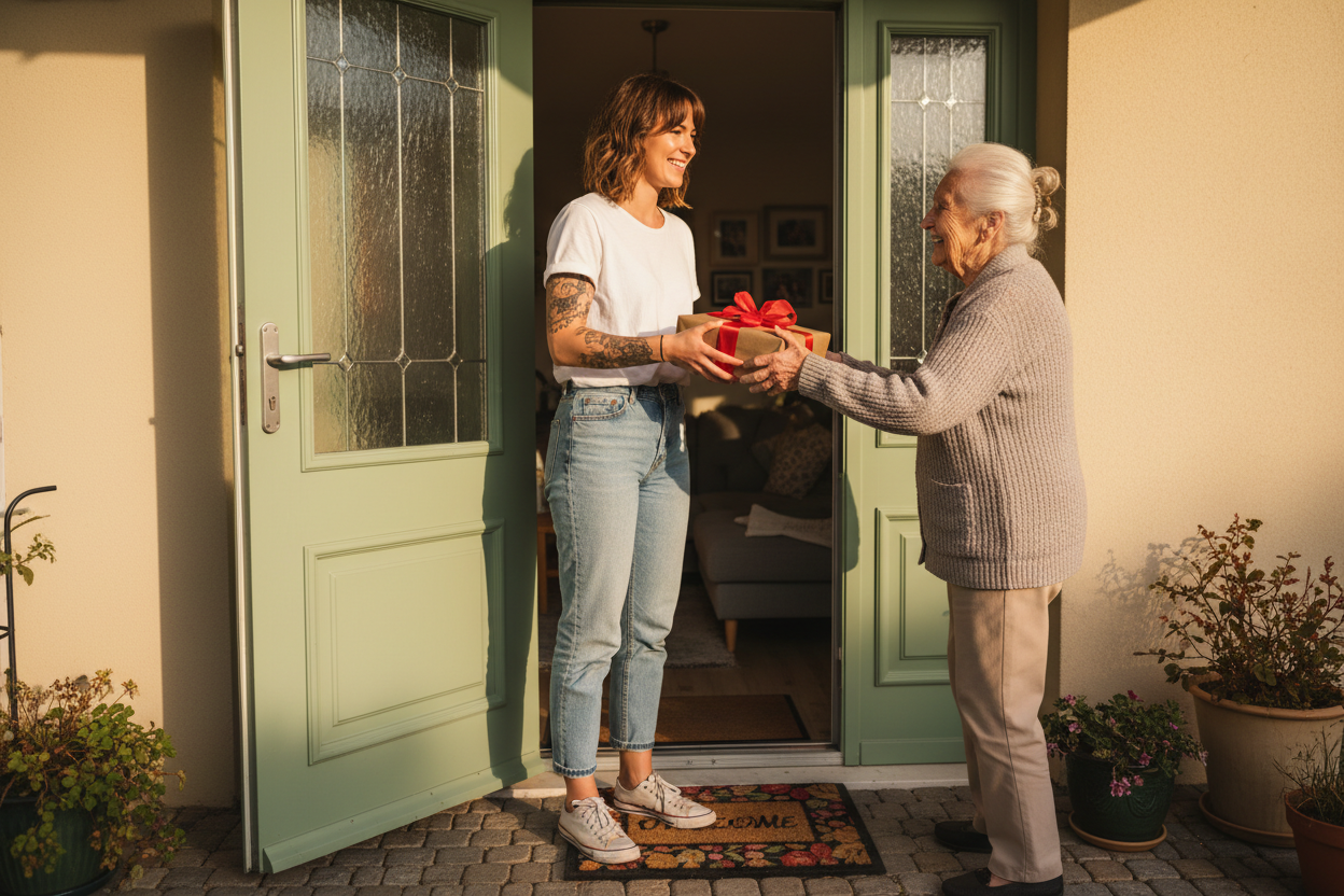 image of girl with tatoos brown hair jeans white tshirt delivery a gift to someones front door as they open and accept lovingly