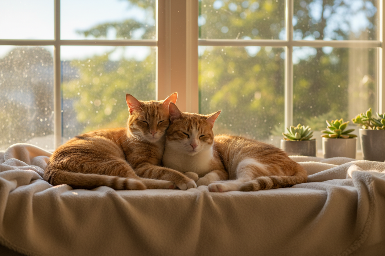 image of two cats laying together sunbathing in a window or something