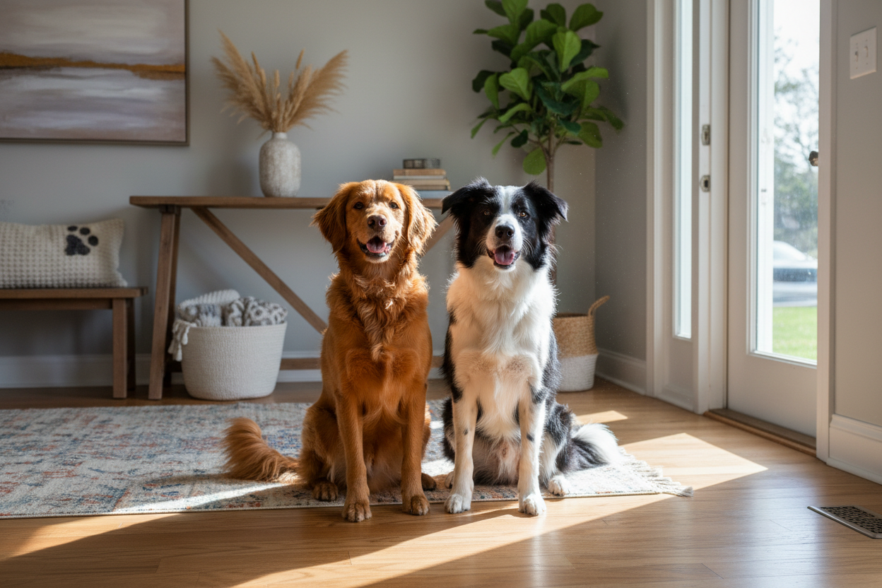 picture of a dog sitting next to another dog in an entrry way of a home