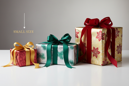 three packages next to eachother small meidum and large with an arrow to the small one to show size. all wrapped holiday decor elegently