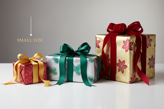 three packages next to eachother small meidum and large with an arrow to the small one to show size. all wrapped holiday decor elegently