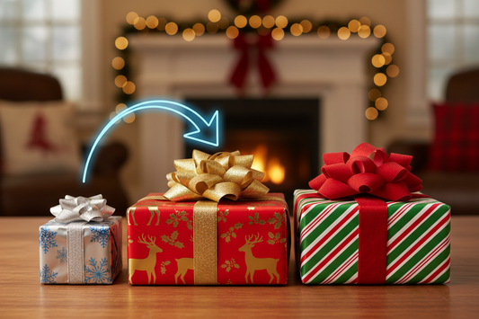 three wrapped presents small medim large pointing to the mediu size